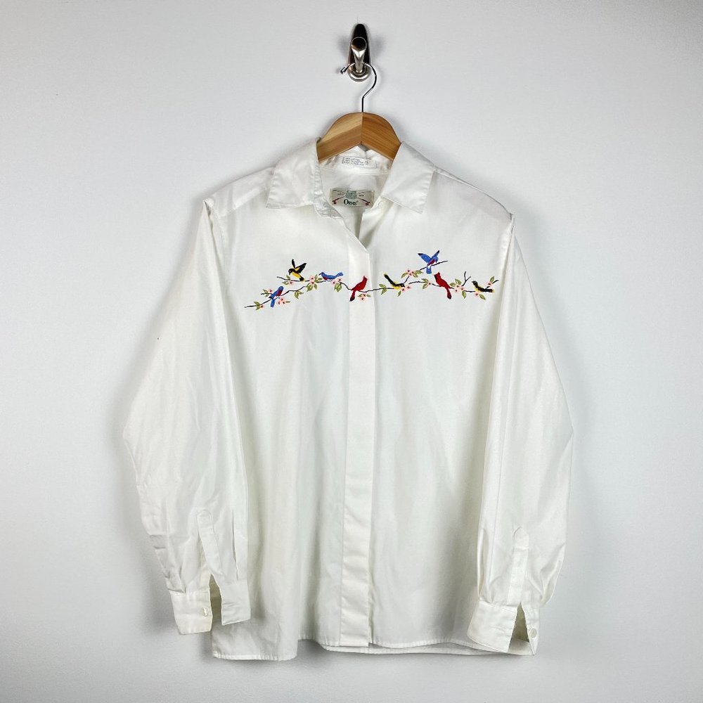 Vintage Orvis Button Up Blouse Shirt Birds Embroidered - Size 12